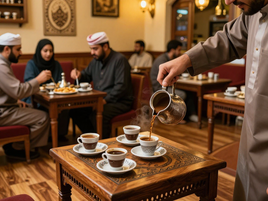 قهوجيين يقدمون القهوة العربية في مقهى تقليدي.