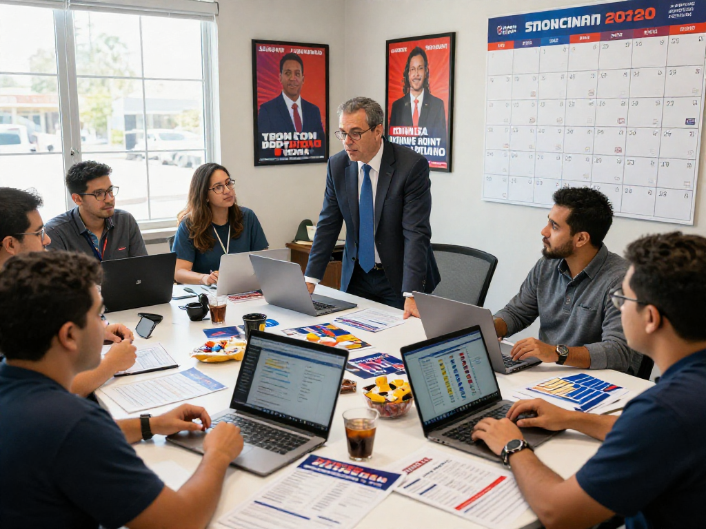 Campaign manager strategizing with team on radio advertising for political campaigns in a dynamic office setting.