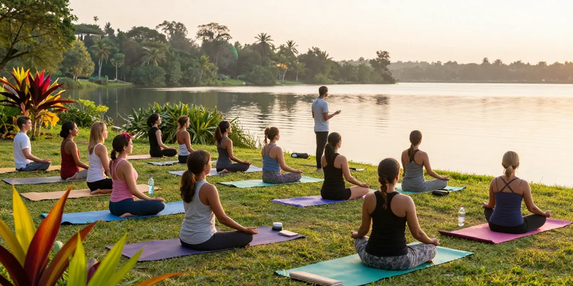 Participants in 200 hour yoga teacher training Sri Lanka meditating by lakeside at sunrise.