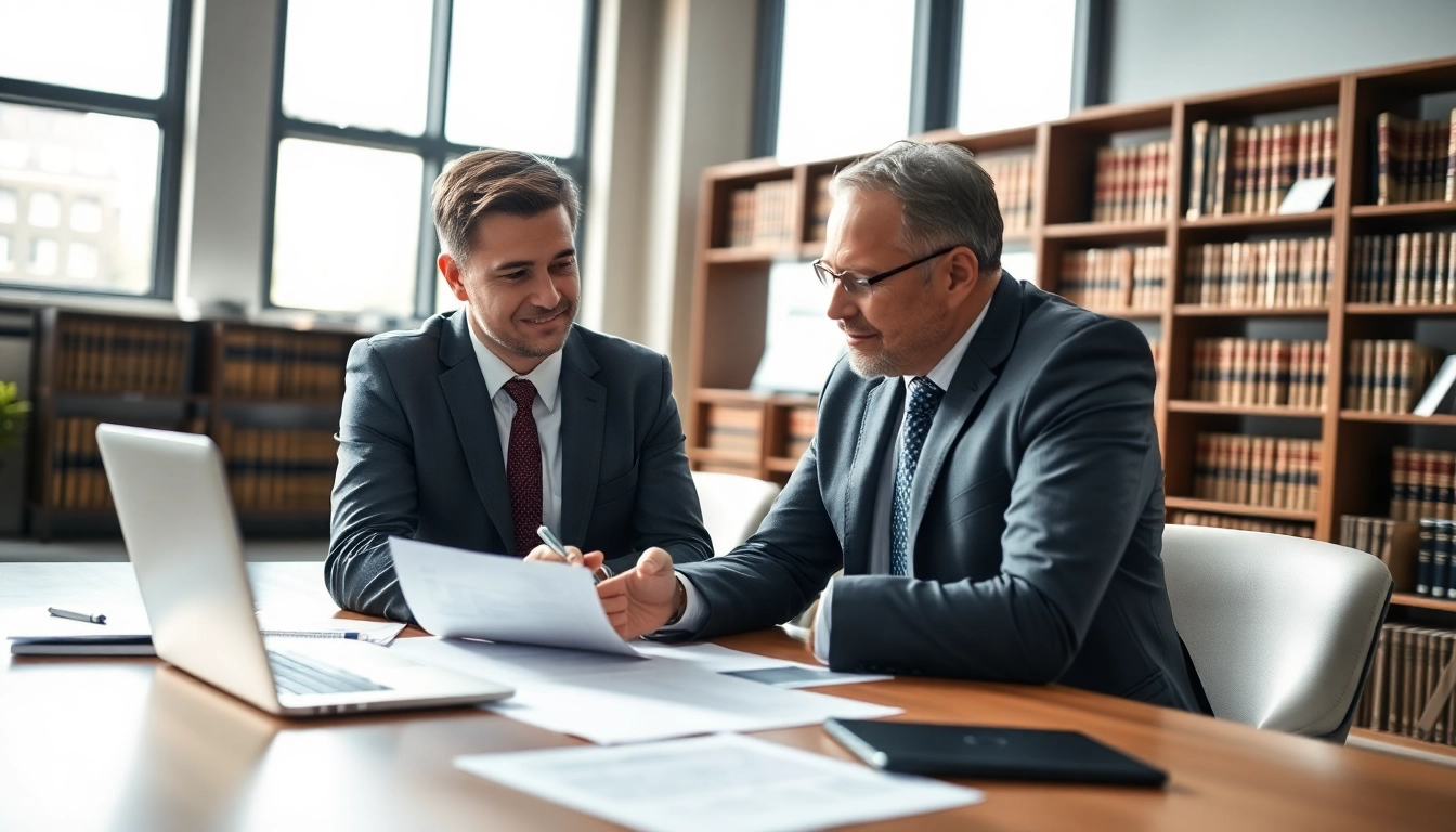 Real estate lawyer consulting a client in a bright, professional office.