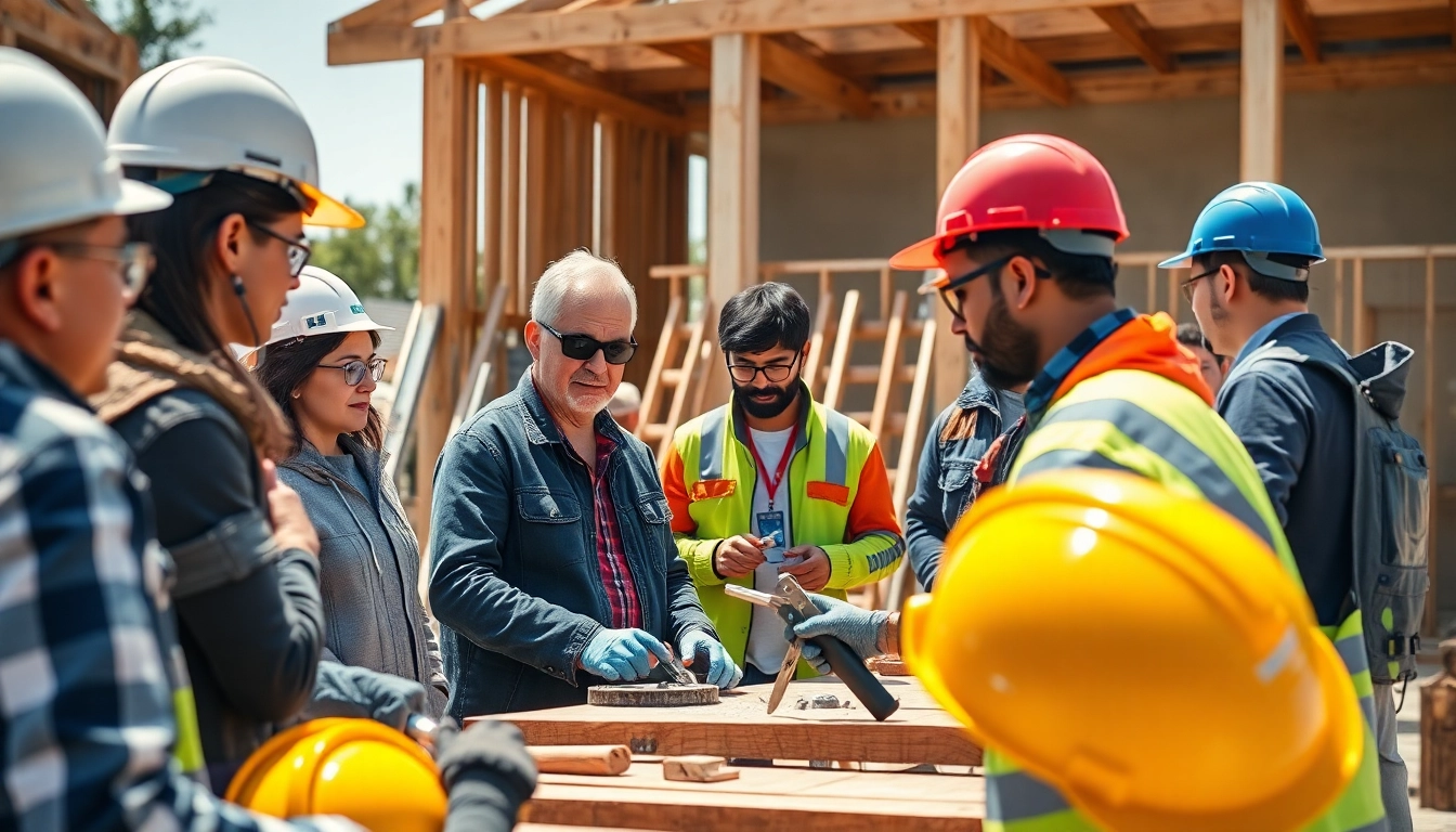 Participants engaging in construction craft training with a skilled instructor outdoors.