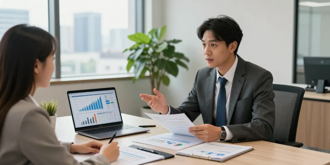 Financial advisor explaining 소액결제현금화 strategies to a client in a modern office.