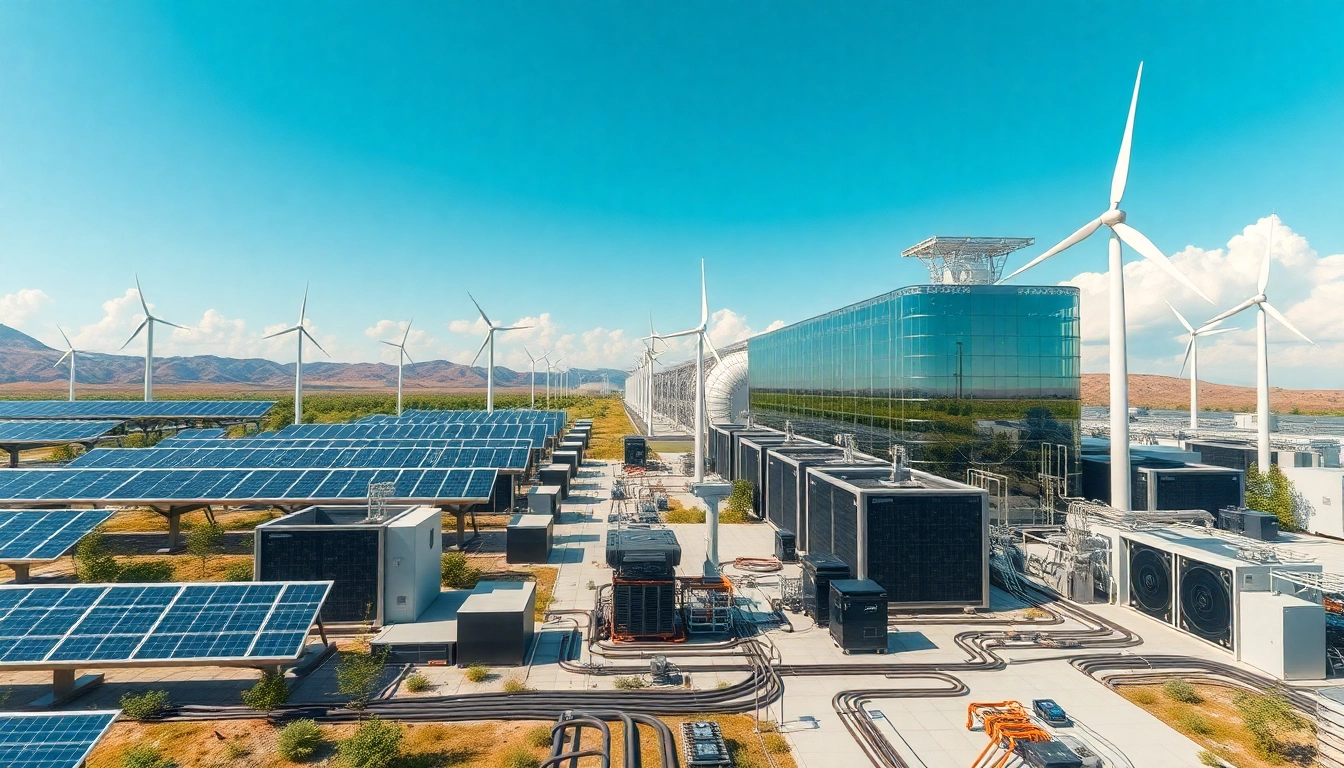 Visual representation of free cloud mining with renewable energy sources, showcasing solar panels and wind turbines.