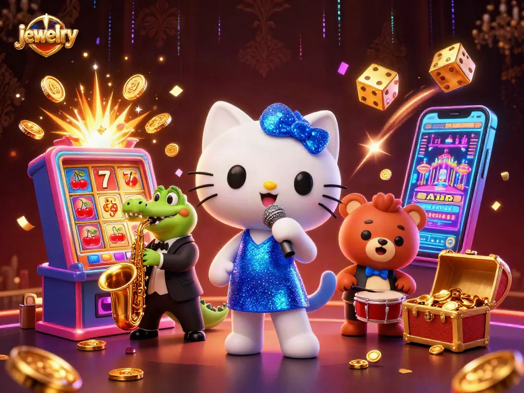 Celebrate wins with stylish jewelry in this vibrant casino-themed 3D scene featuring animated musicians.