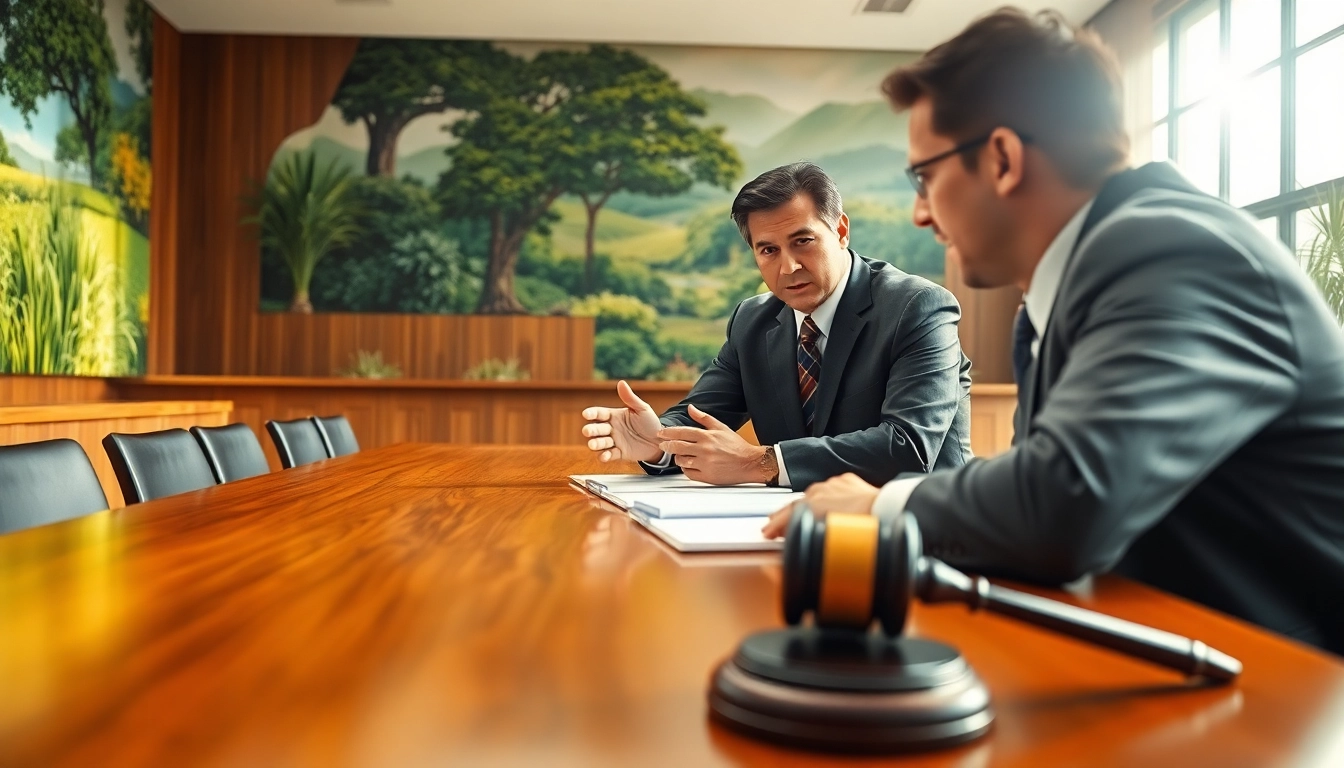 Engaged environmental lawyer debating in a courtroom with a background of nature.