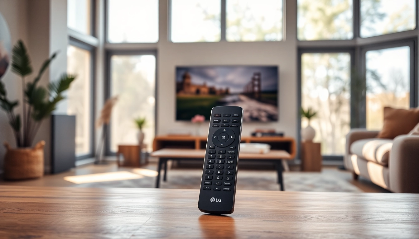 Bedienen Sie die LG Fernbedienung in einem modernen Wohnzimmer mit stilvollem Design.