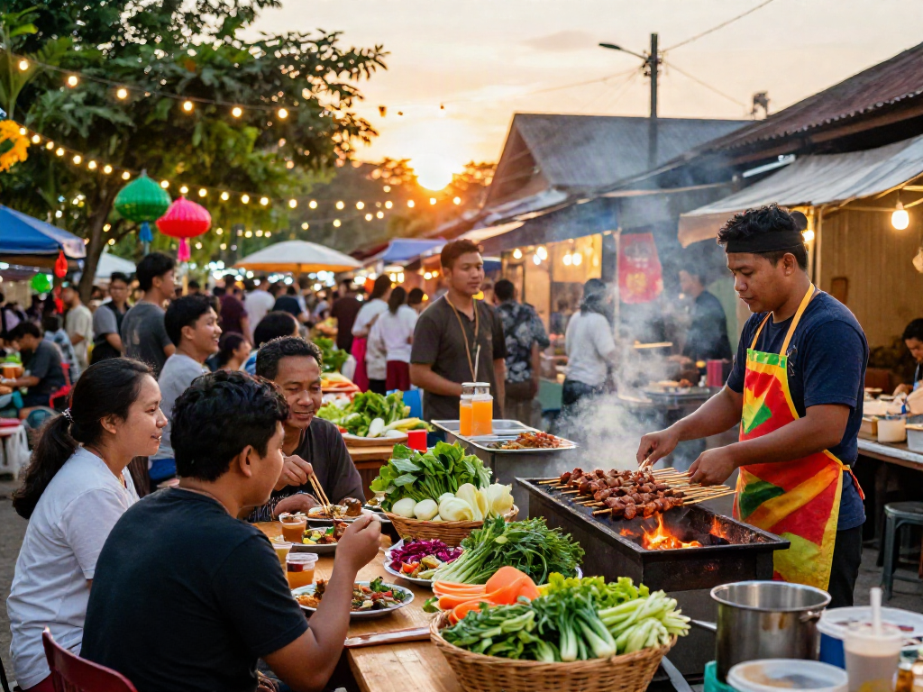 Crowd enjoying kebuntoto-inspired dishes at lively street food market.