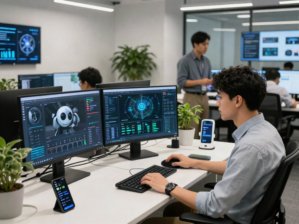 Data analyst engaged in AI-Generated Image Detection technology in a modern office.
