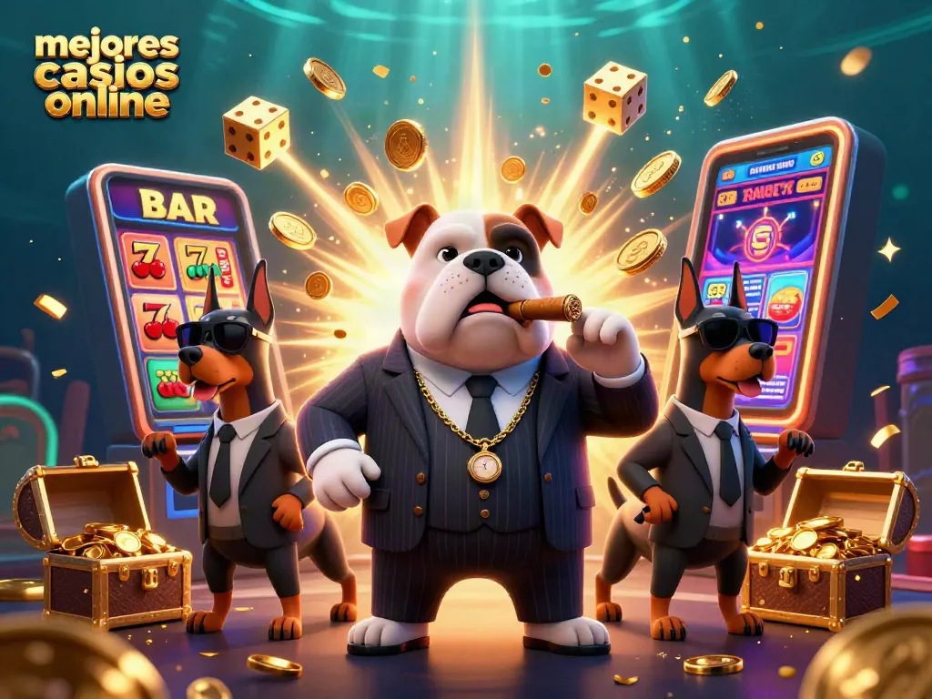 Ilustración de la mafia con bulldog y dobermans en un casino, jugando en los mejores casinos online.