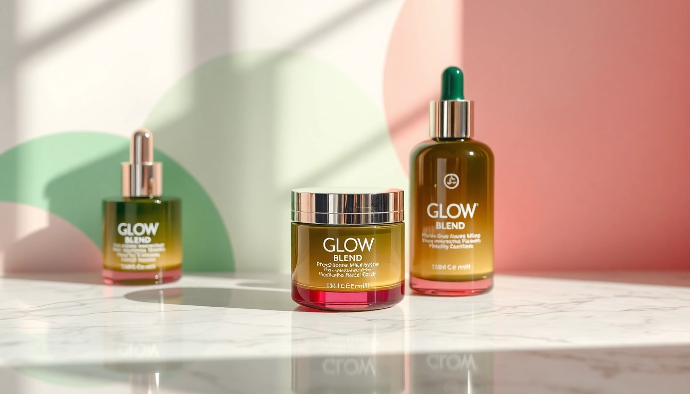 Showcasing Glow Blend skincare product with elegant textures and soft lighting.