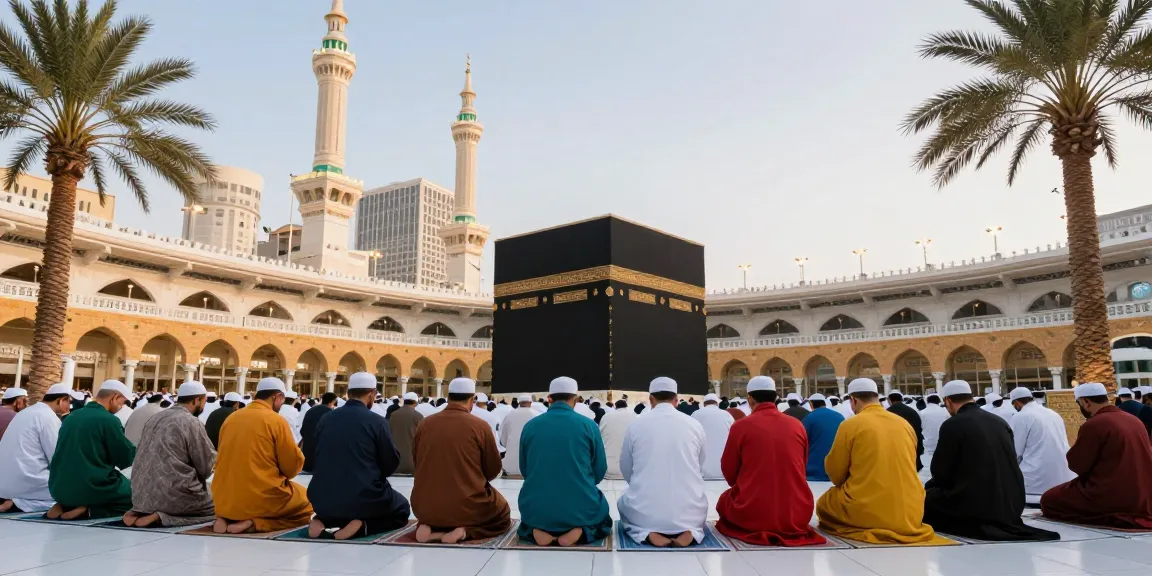 Umroh Ramadhan experience at Masjidil Haram with pilgrims engaging in prayer.
