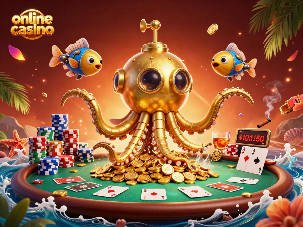 Disfruta en un online casino con un kraken dorado y barcos de cartas rodeados de fichas y monedas.