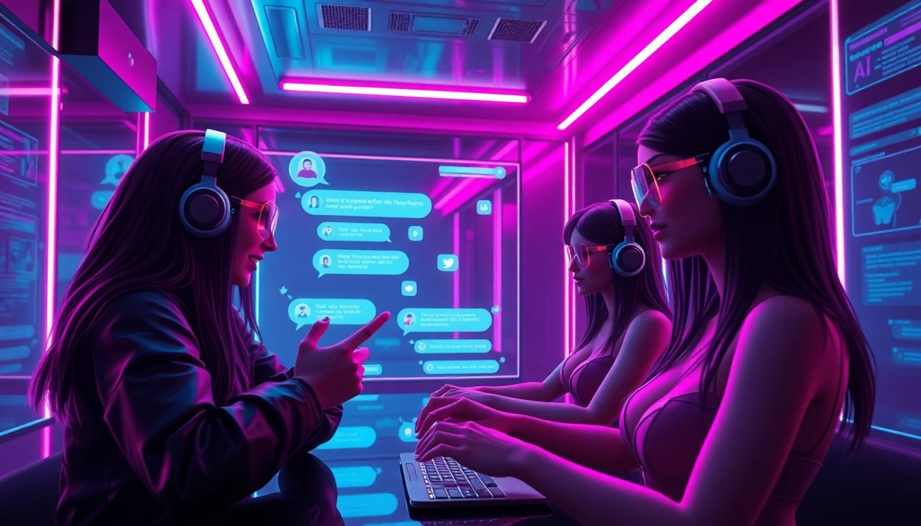 Engaging NSFW character AI chat interface with vibrant neon accents.