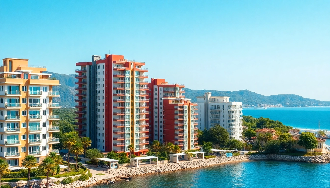 Buy apartment in Alanya: Vibrant skyline view featuring modern apartments by the sea with natural beauty.