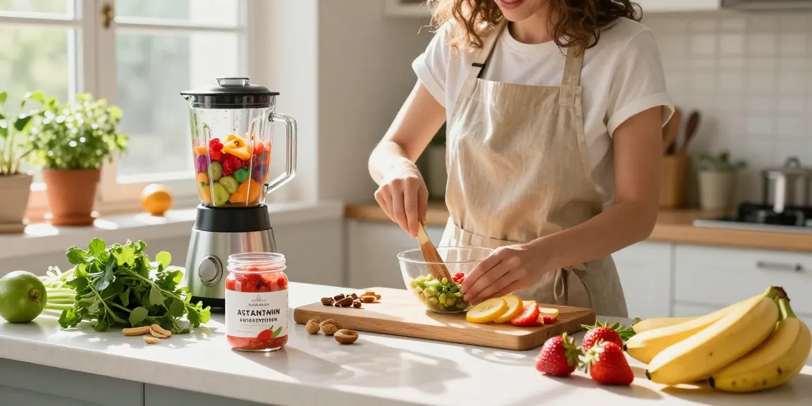 Vegan astaxanthin powder prominently displayed while preparing a healthy smoothie in a sunny kitchen.