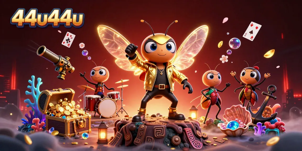 Experience the vibrant world of 44u44u with a cicada rock star and colorful casino elements.