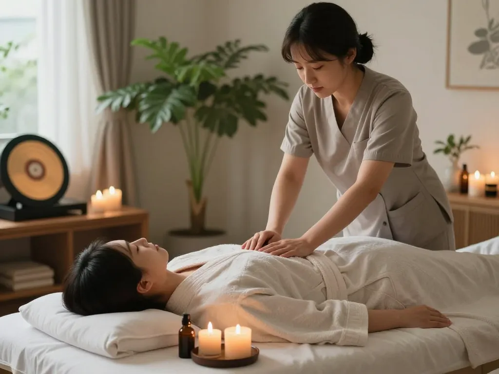 서울출장마사지 therapy session setup with calming décor and soothing atmosphere.