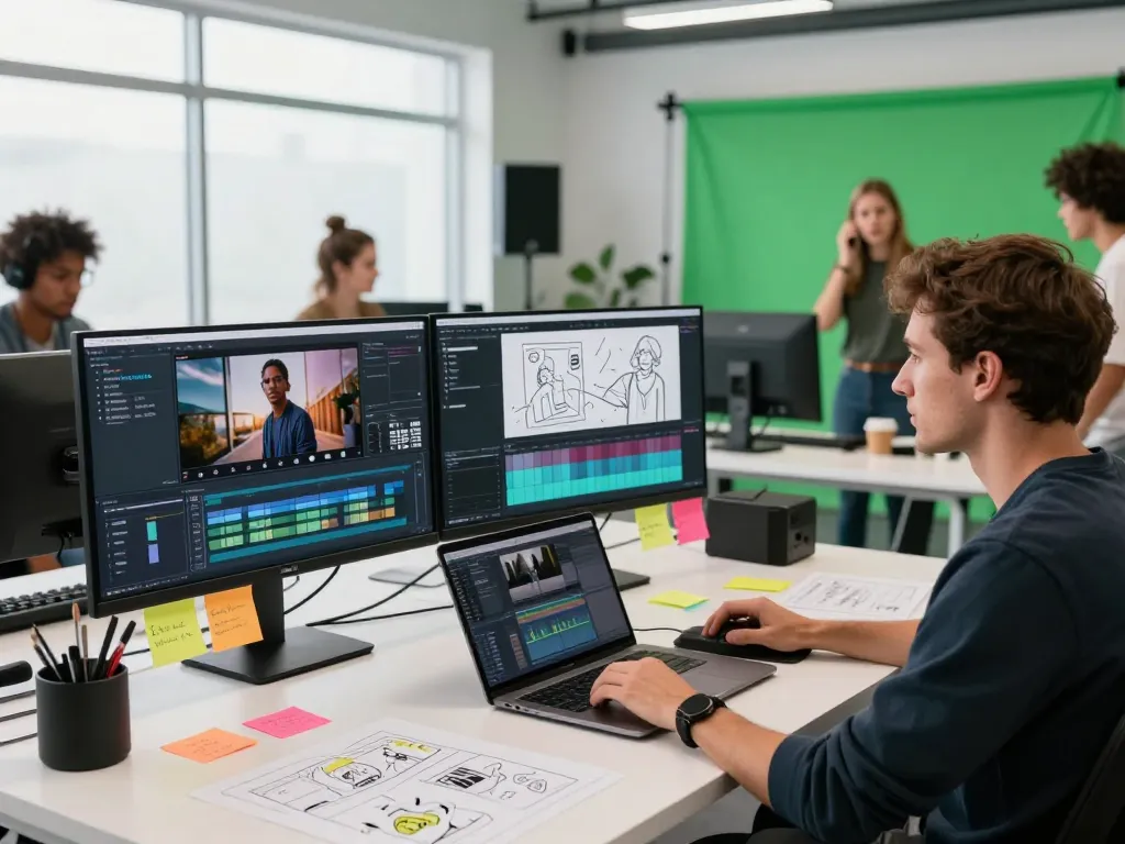 Seedance 2.0 workspace showcasing a diverse team creating AI-generated videos with advanced technology.