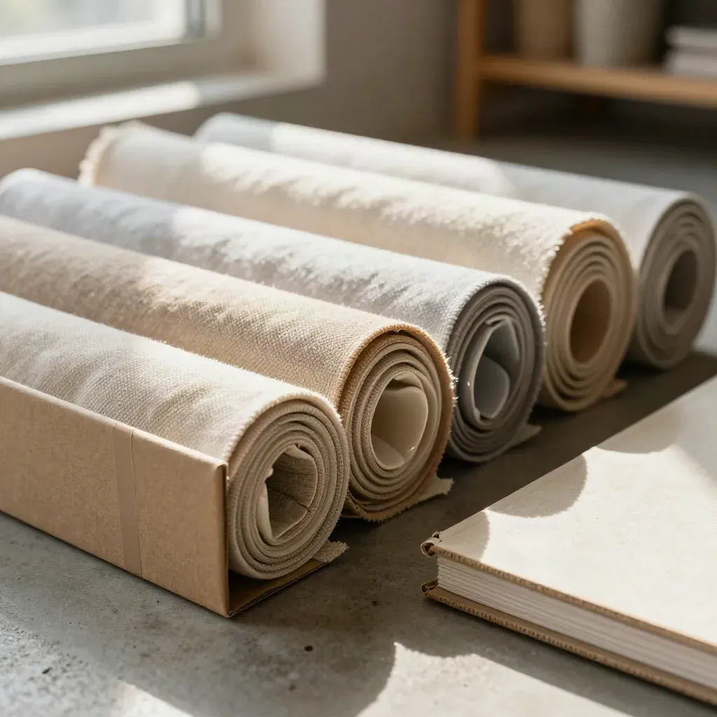 Warm macro of fabric rolls, ceramic chips, cartons, and a closed binder in a sample bay.