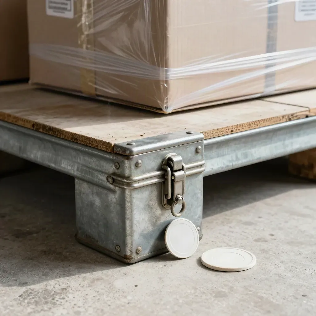 Crate latch with seals and inspection cartons in cool warehouse haze.