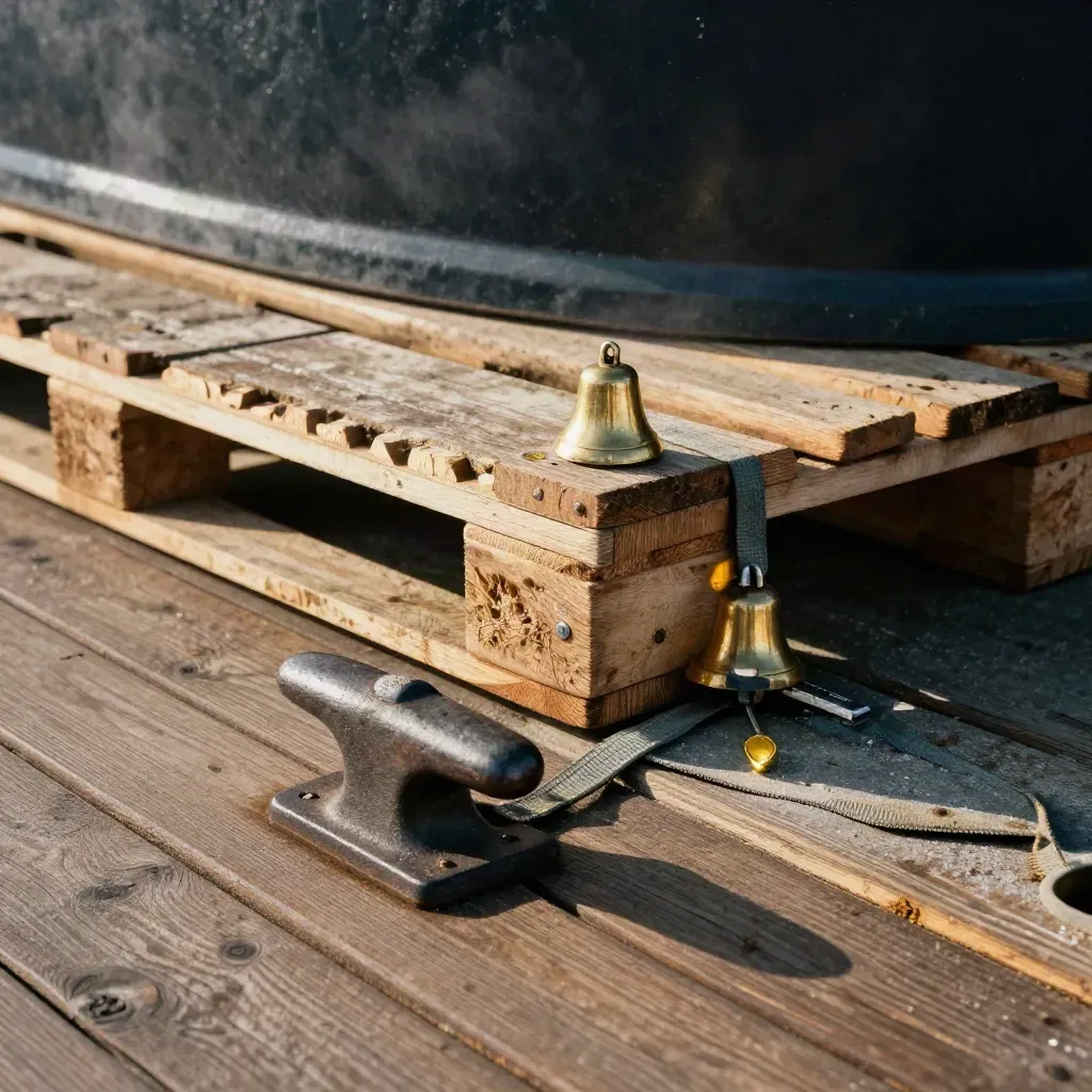 Dock cleat, taut tie-down straps, pallet corners and a brass freight bell in moody harbour light