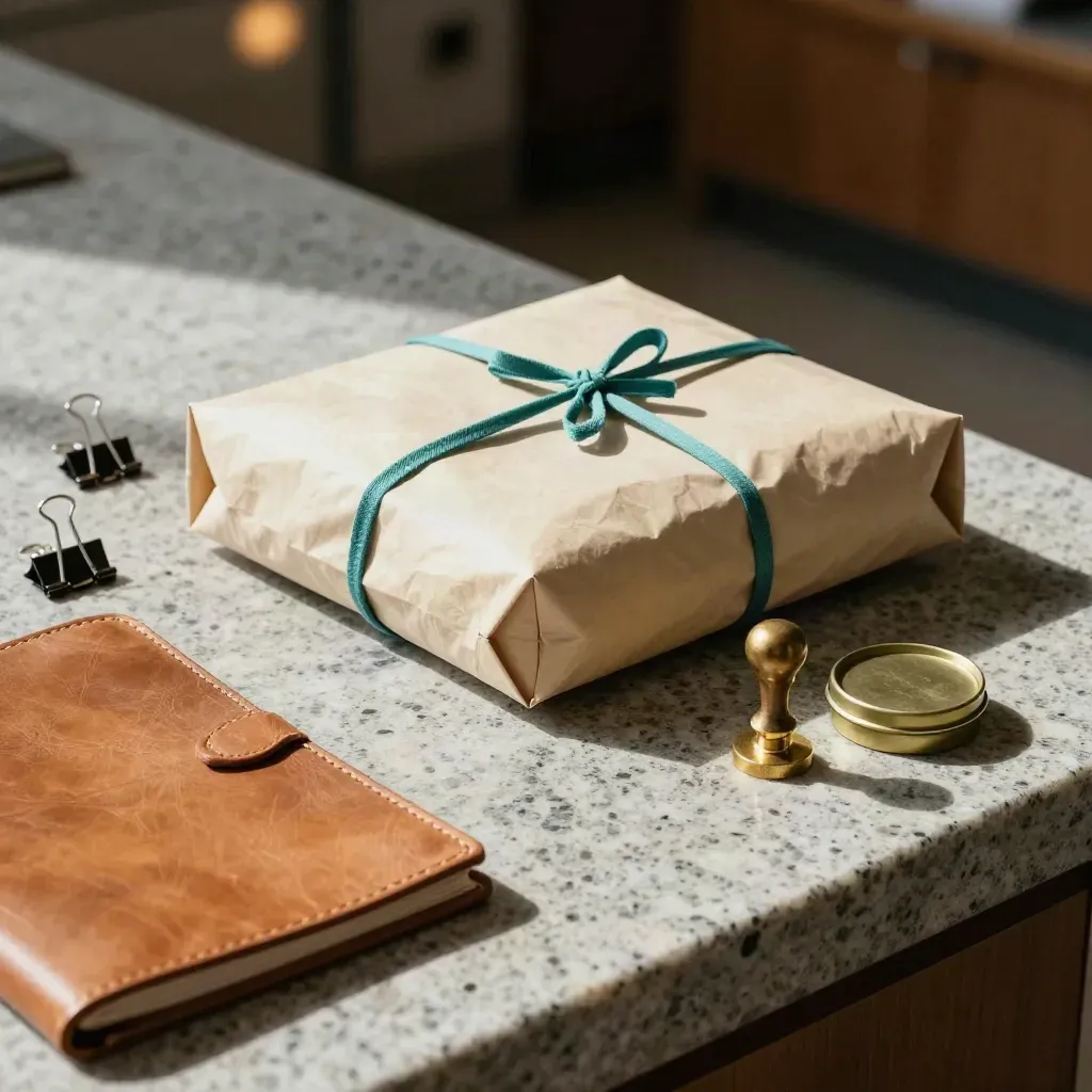 Export packet, leather folio and wax seal on a stone counter in cinematic trade-office light.