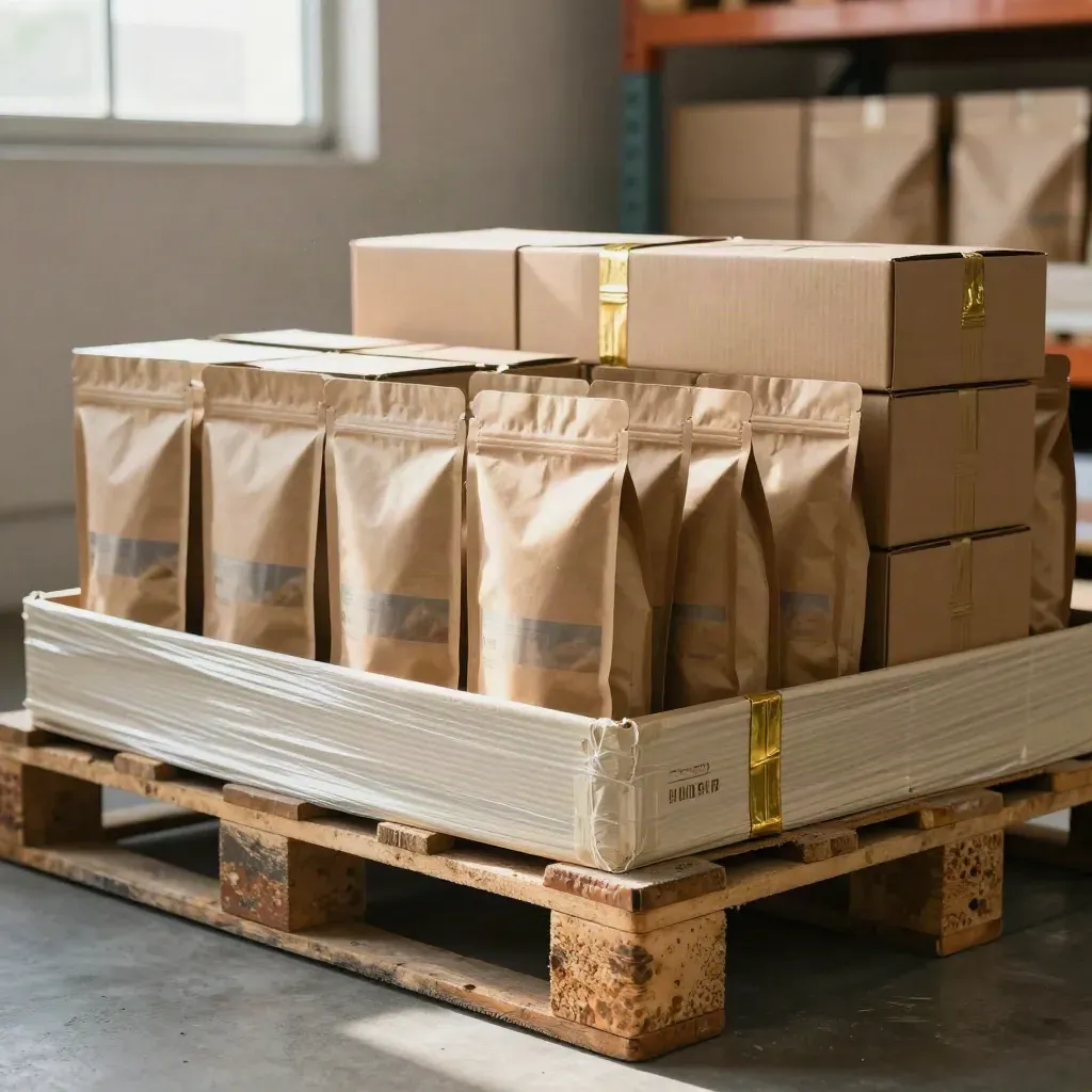 Snack cartons, sample pouches and a sealed dispatch crate repeat on warehouse shelving in warm daylight.