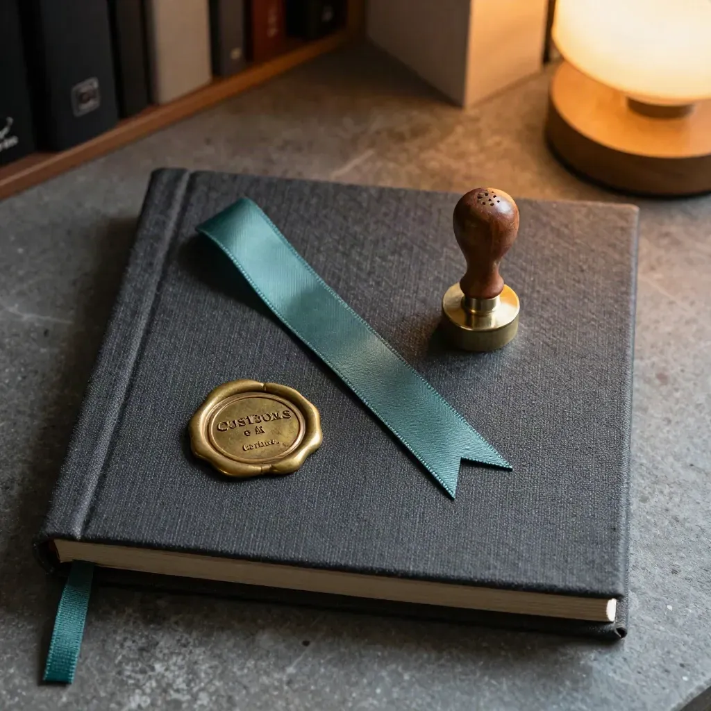 Closed compliance binder, brass origin disk, wax seal and customs stamp on stone.
