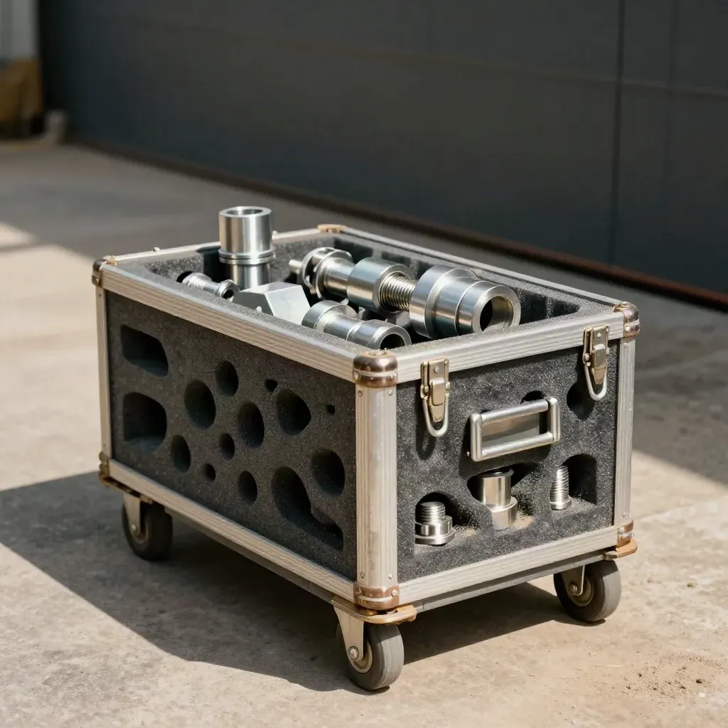 Sealed export crate of machined metal parts rolling to a warehouse pickup edge