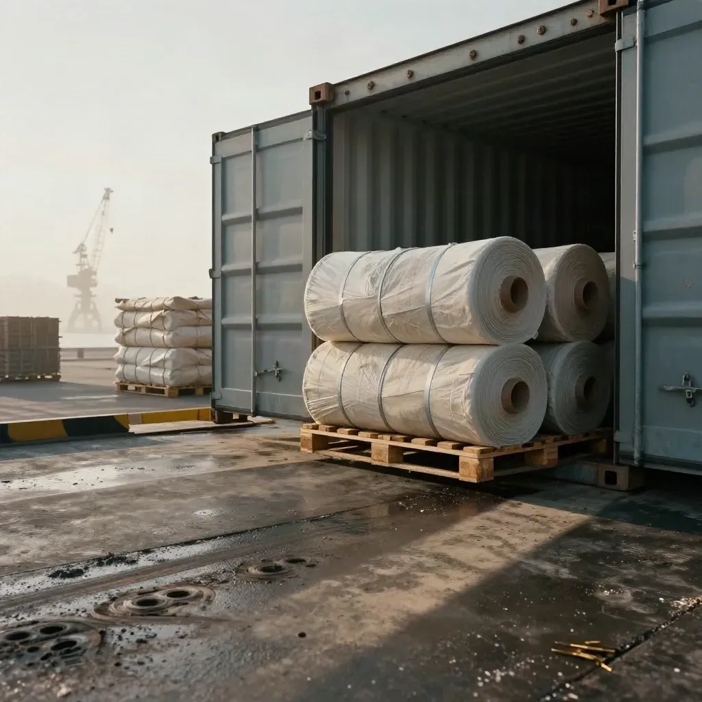 Docked loading bay with wrapped textile rolls on pallets beside an open shipping container in sea mist.