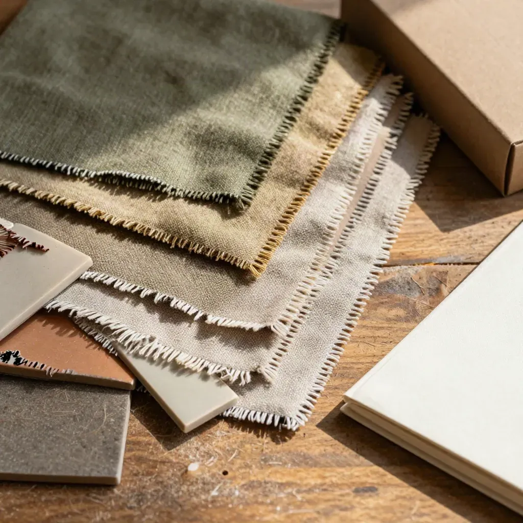 Top-down swatches, ceramic chips, product box and notebook on a warm oak sampling bench