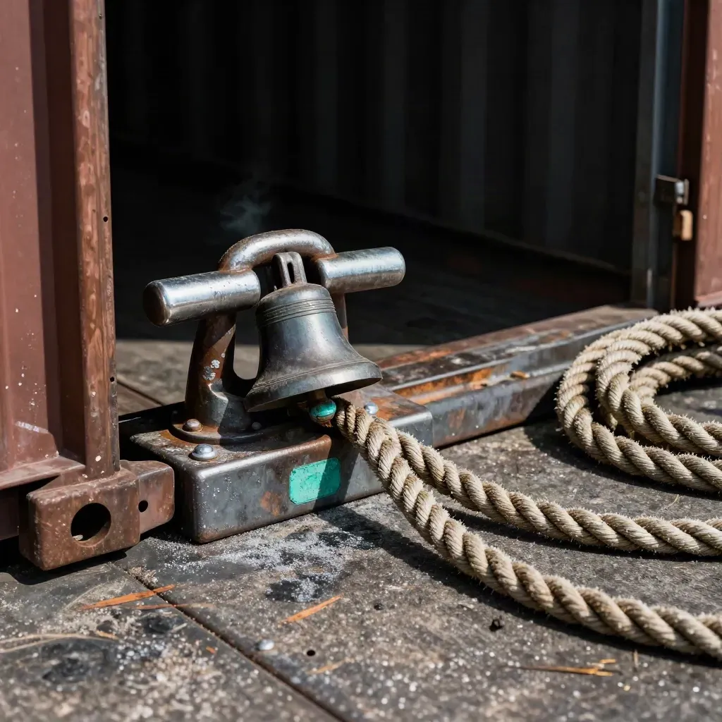 Container lock, dock cleat, voyage bell and rope on a salt-worn steel deck