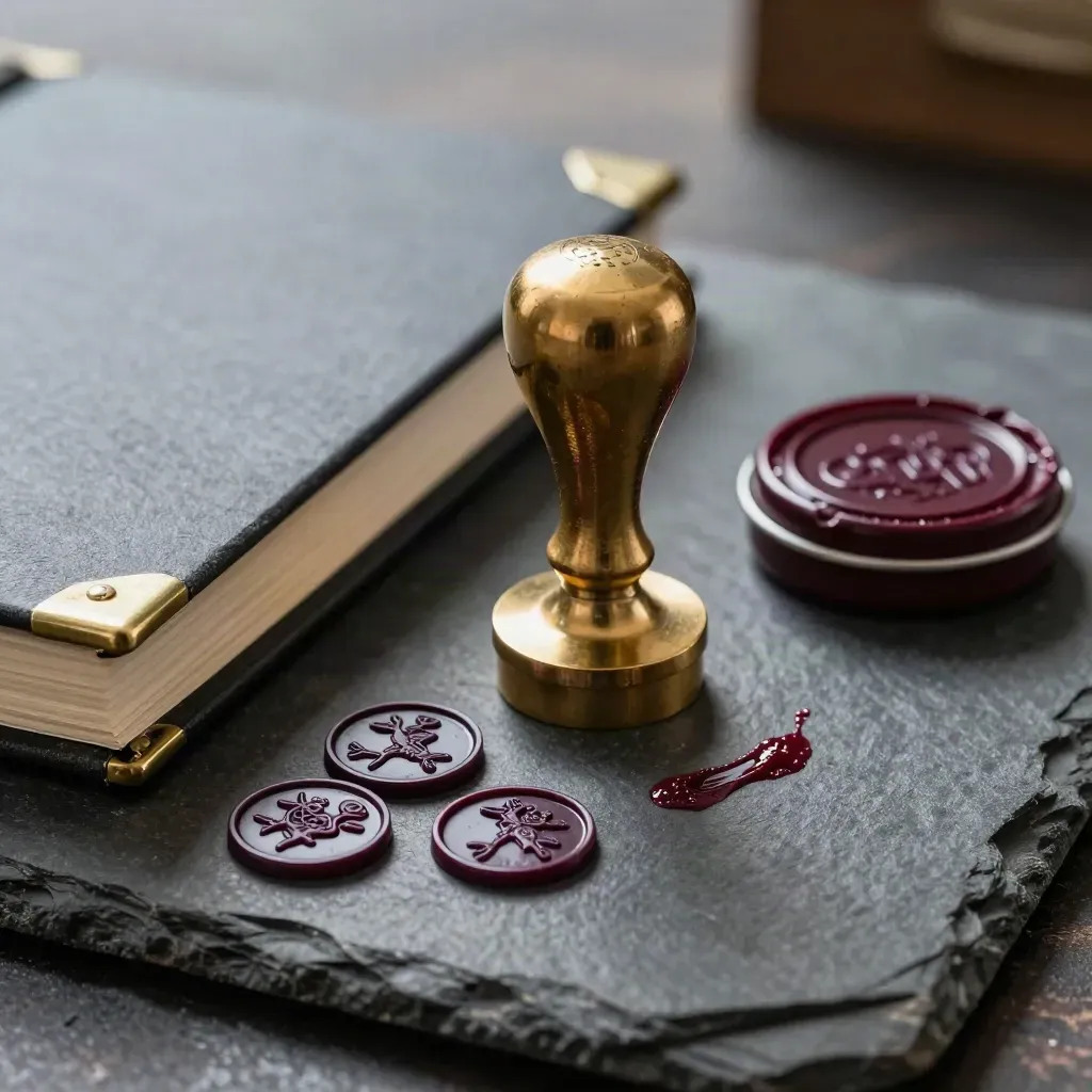 Brass customs stamp beside a sealed trade binder and wax seals on dark slate
