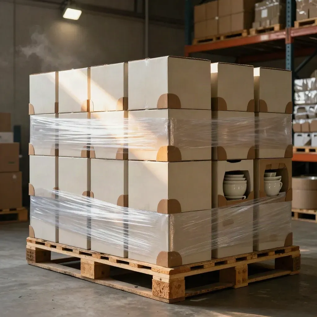 Wrapped pallets of ceramic homeware staged in a warm warehouse loading bay