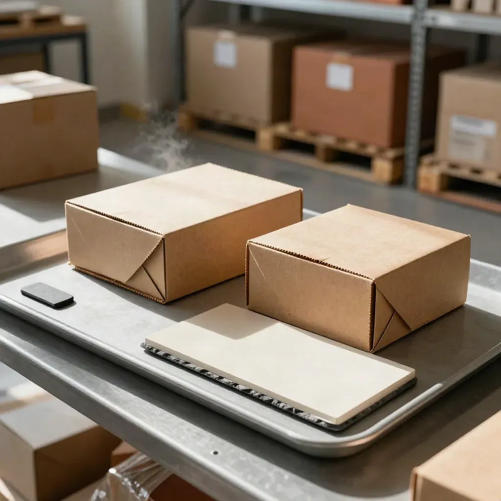 Sample cartons and a pairing token on a slate tray in a sourcing room.