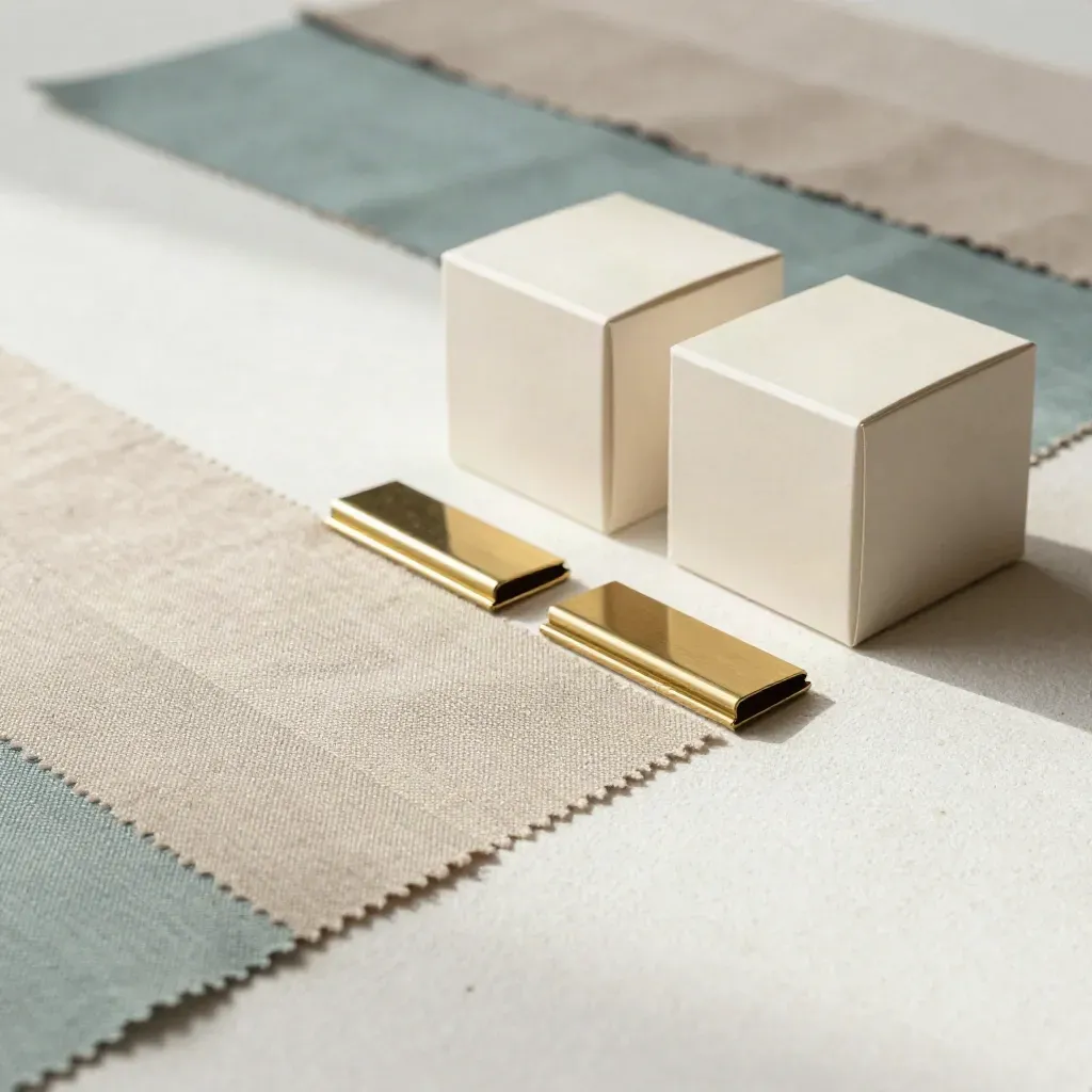 Textile swatches, cartons and brass clips arranged on an off-white plaster sweep.