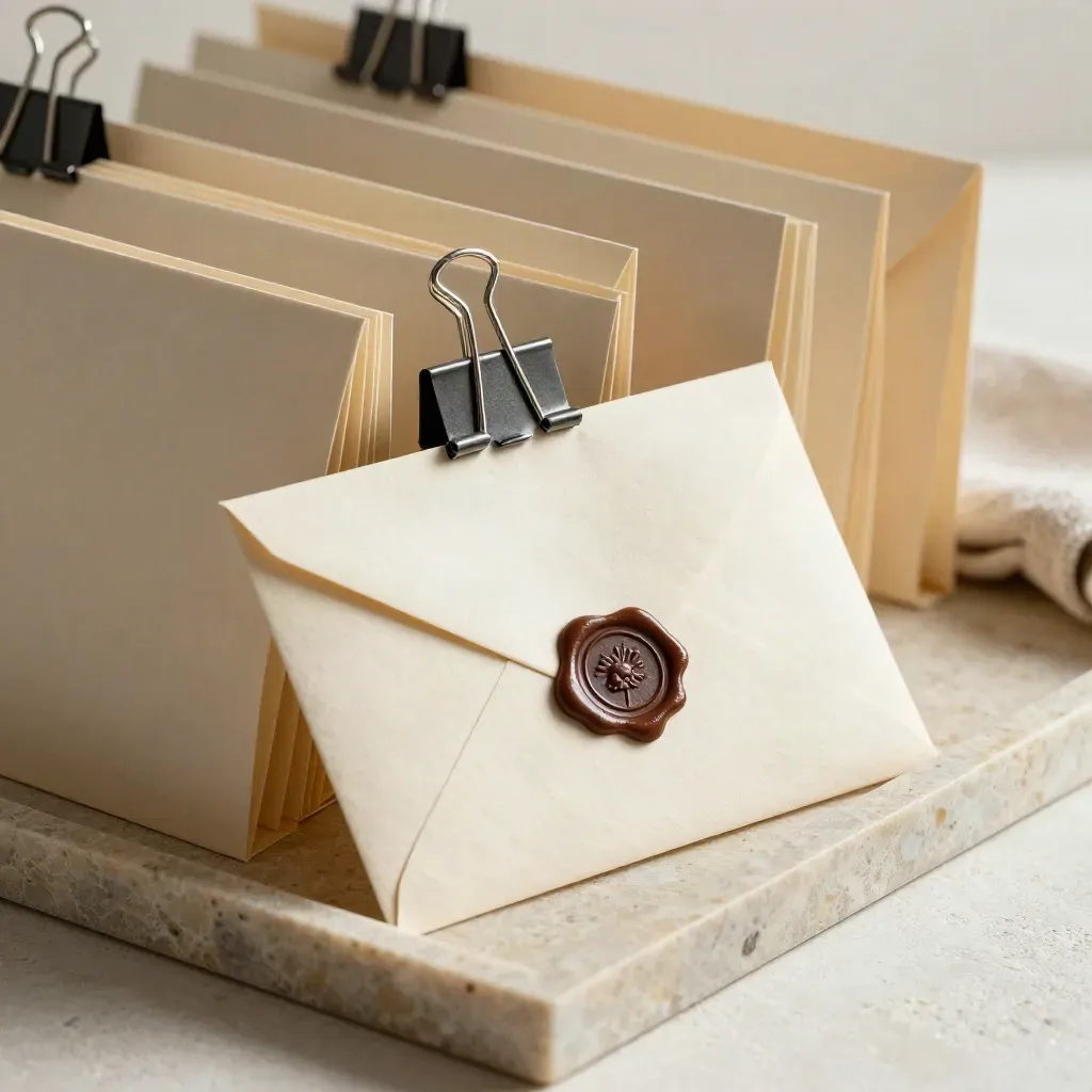 Macro still life of document sleeves, clips, and a wax-sealed export envelope on a stone tray.