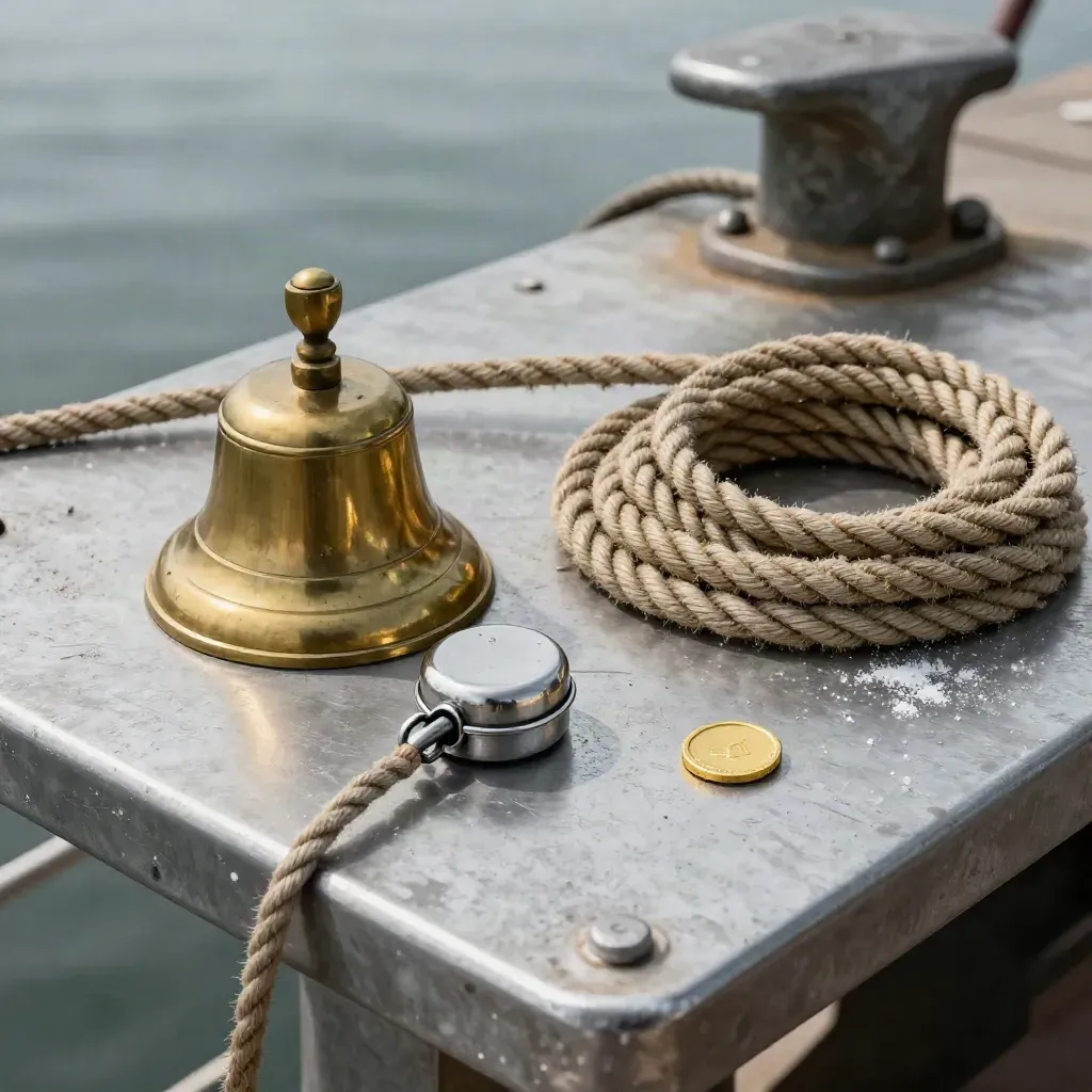 Dock bell, container seal, rope, and route token on a galvanized steel table.