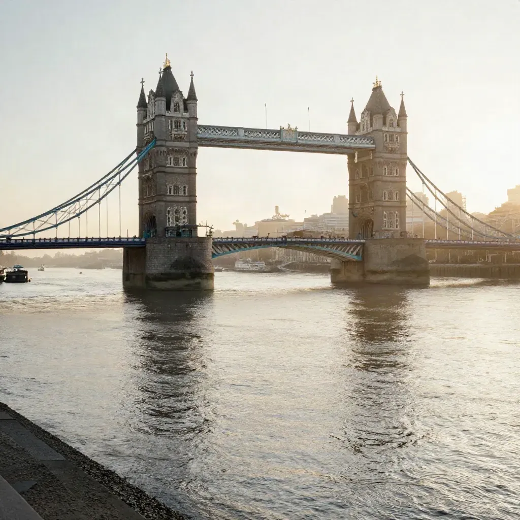 Tower Bridge at sunrise above Thames mist, with calm water and gold haze