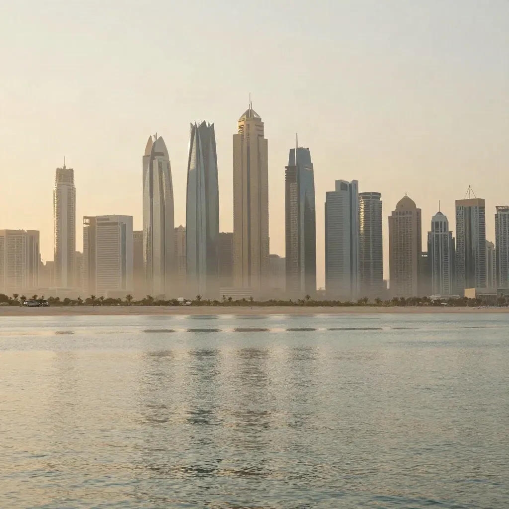 Dubai skyline above calm reflective water at golden hour, with haze and open foreground for copy.
