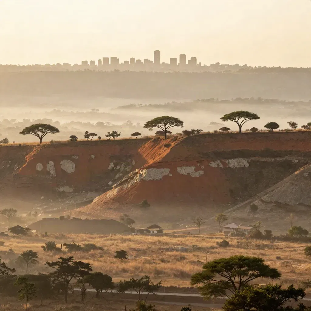 Nairobi ridge at dawn with acacia silhouettes, city layers, and misty valley copy space