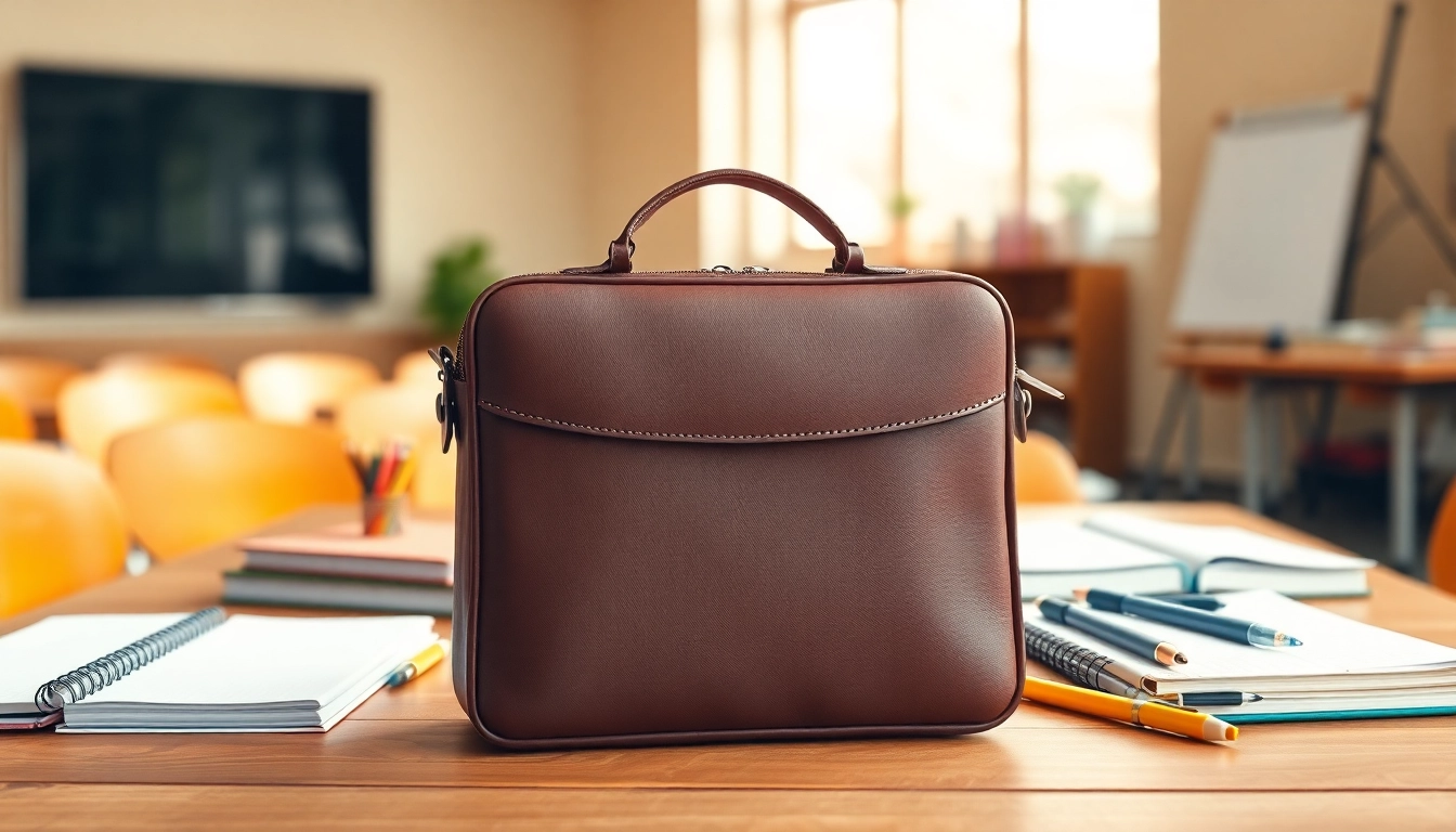 Funktionale Handytasche Schule auf einem Schreibtisch mit Schulmaterialien.