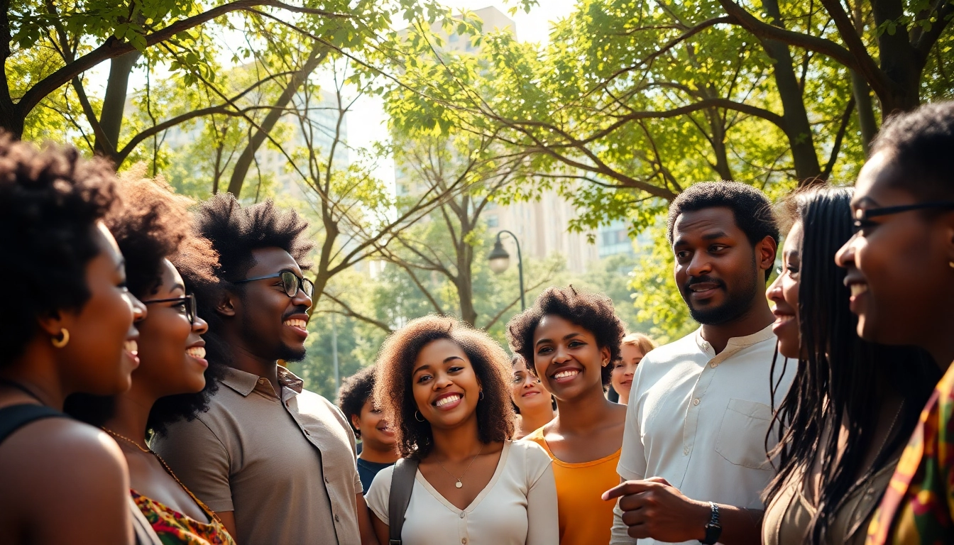 Engaged activists discussing Human Rights in a vibrant urban park setting, highlighting a sense of community.