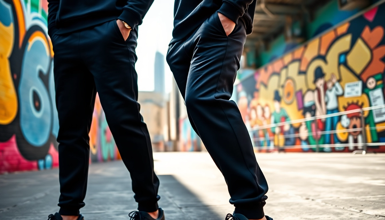 Man wearing stylish black sweatpants poses in an urban setting with vibrant murals.