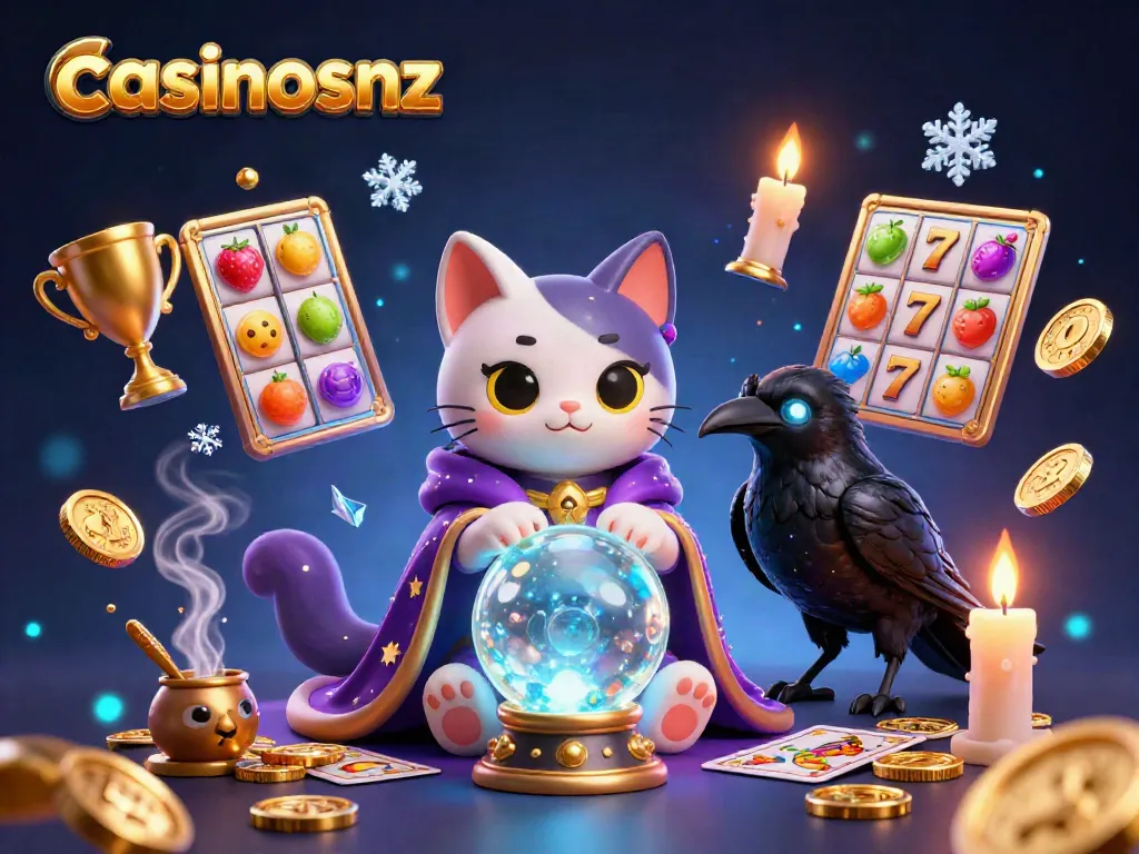 Play slots and jackpots at casinosnz with a mystical fortune teller cat and captivating symbols.