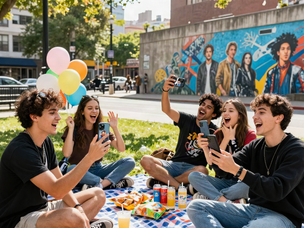 Group enjoying a sunny park day comparing selfies for a celebrity look alike match using smartphones.