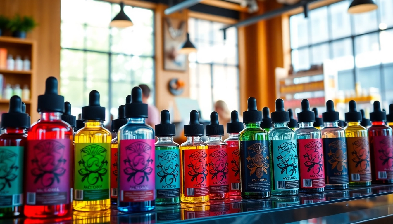 Showcase of vibrant vape juice flavors in a colorful store display.