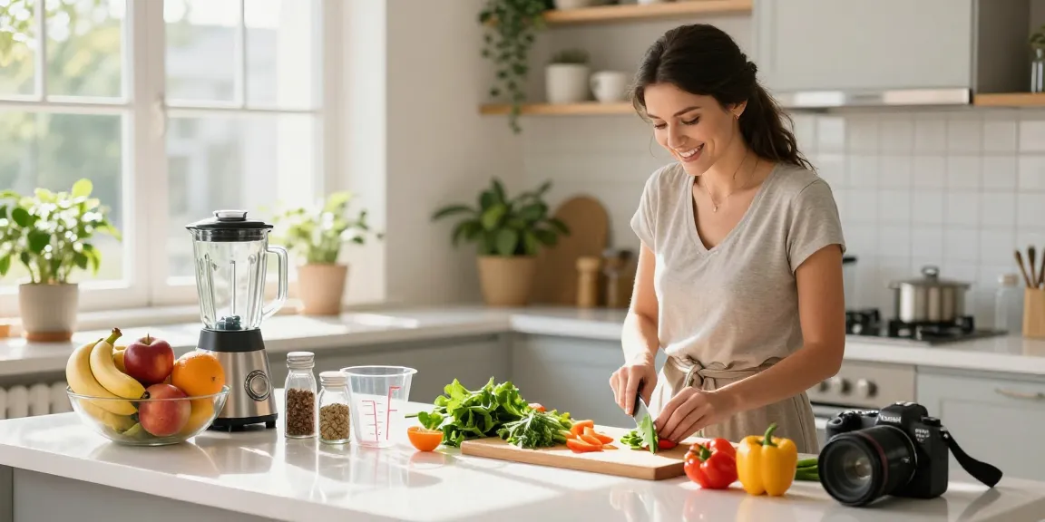Health tips demonstrated by a health coach in a bright kitchen with fresh vegetables and fruits.
