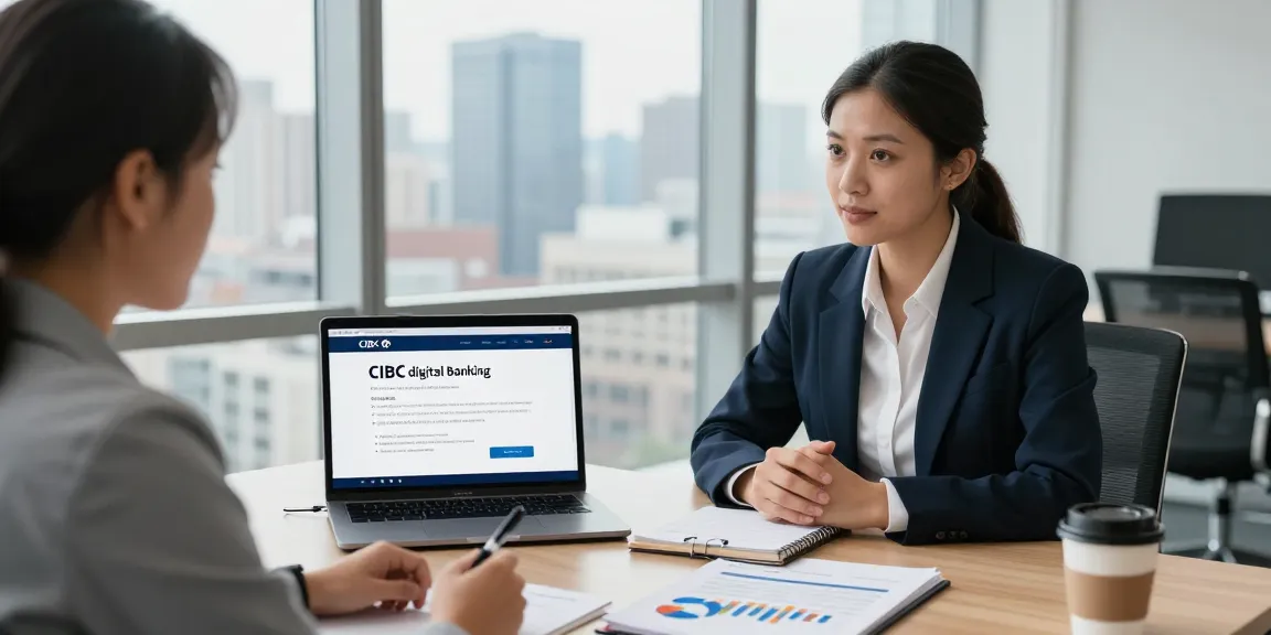 CIBC digital banking solutions in a modern office consultation with financial advisor and entrepreneur.