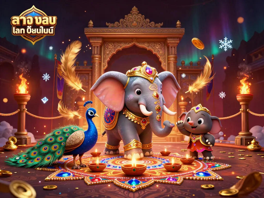 ร่วมเล่น แทง บอล โลก ออนไลน์ กับการ์ตูนช้างมีสีสันและนกยูงในภาพ 3D